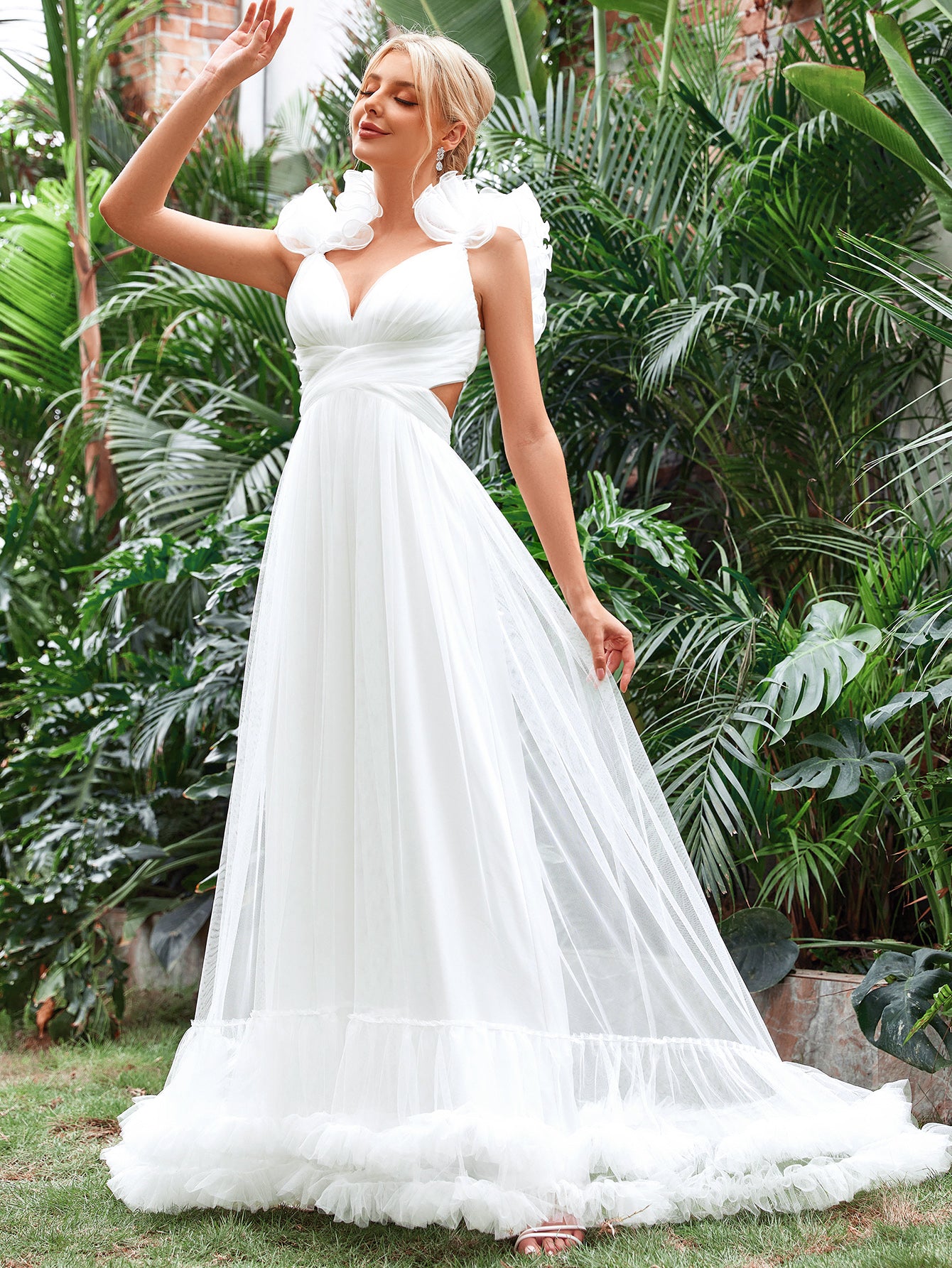 Backless Lace Up Ruffle Trim Cami Wedding Dress