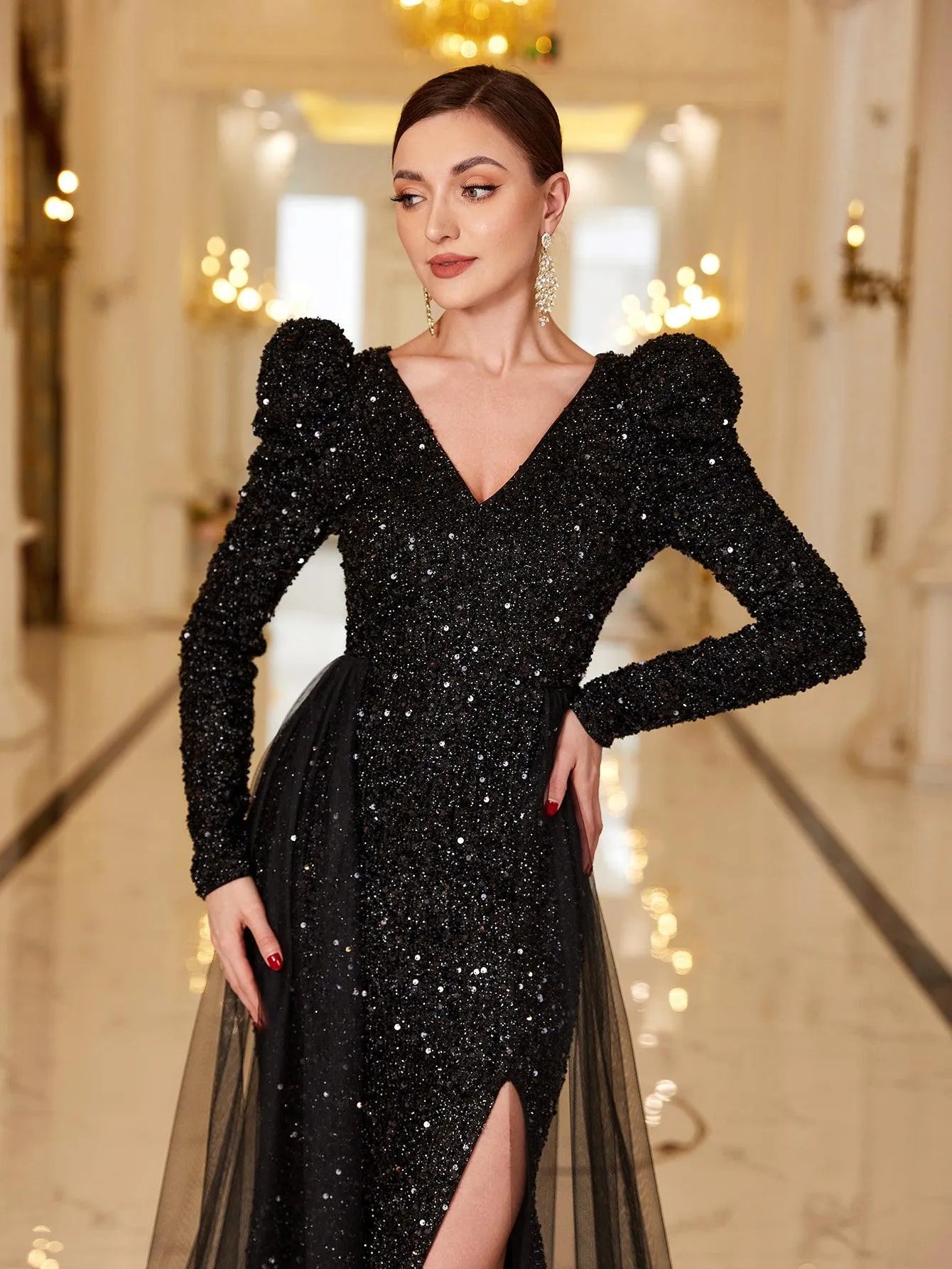 Gigot Sleeves Split Mermaid Hem Sequin Formal Dress