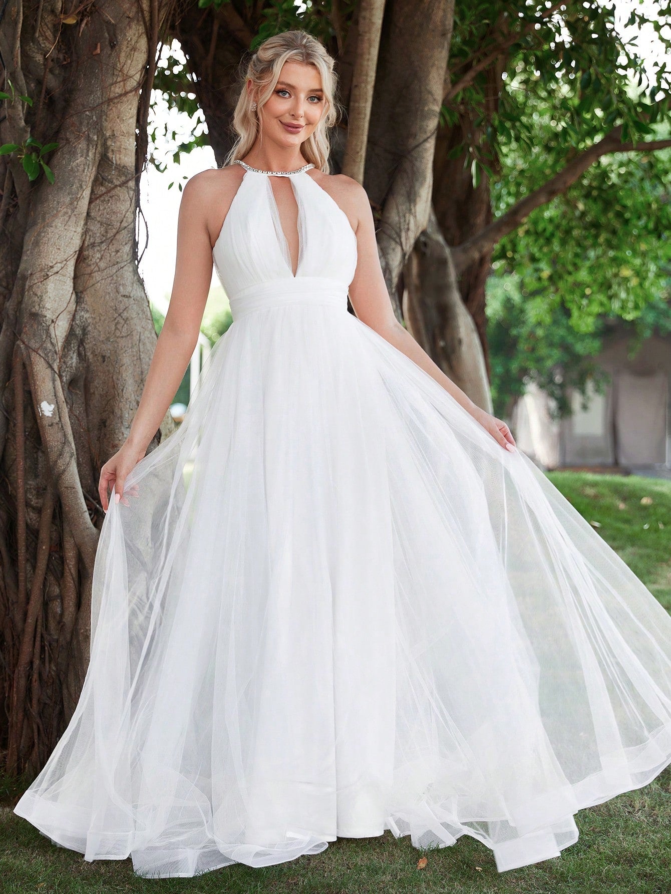 Halter Neck Cut Out Front  Mesh Wedding Dress