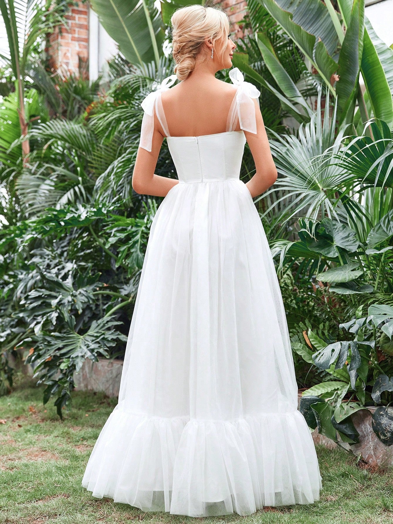 Tie Shoulder Ruffle Hem Mesh Wedding Dress