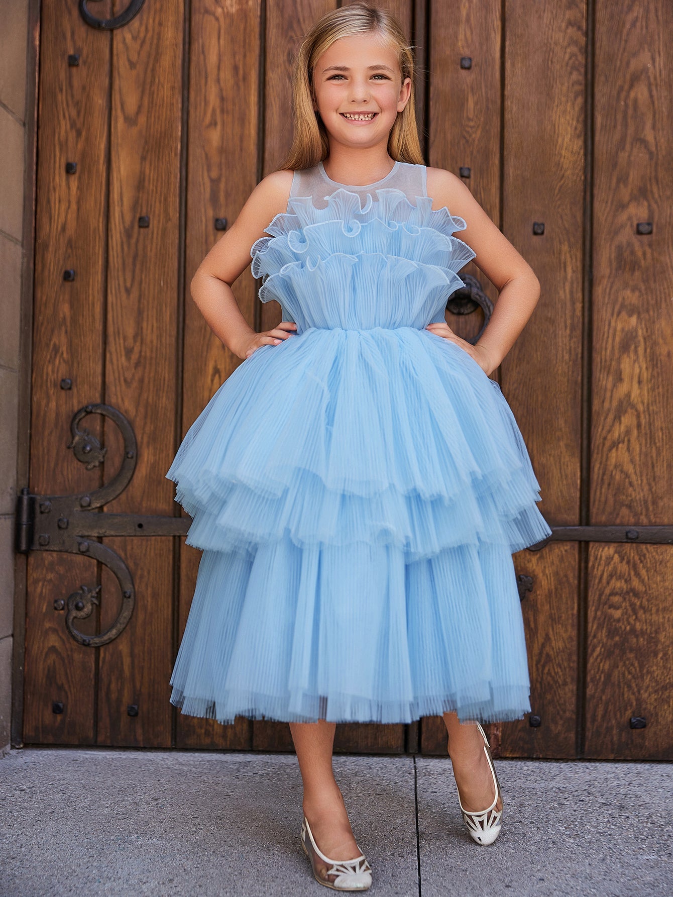 Girls' Ruffle Trim Tiered Hem Cake Dress