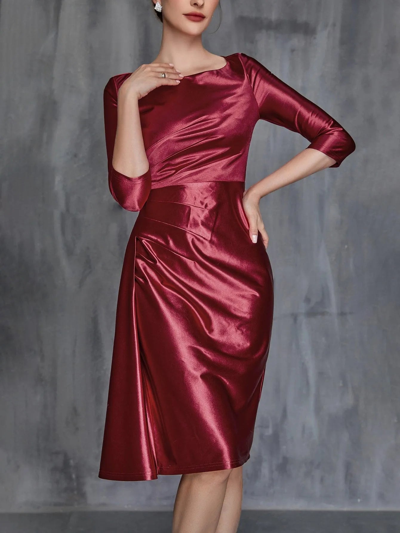 Womens' Solid Ruched Wrap Front Satin Dress