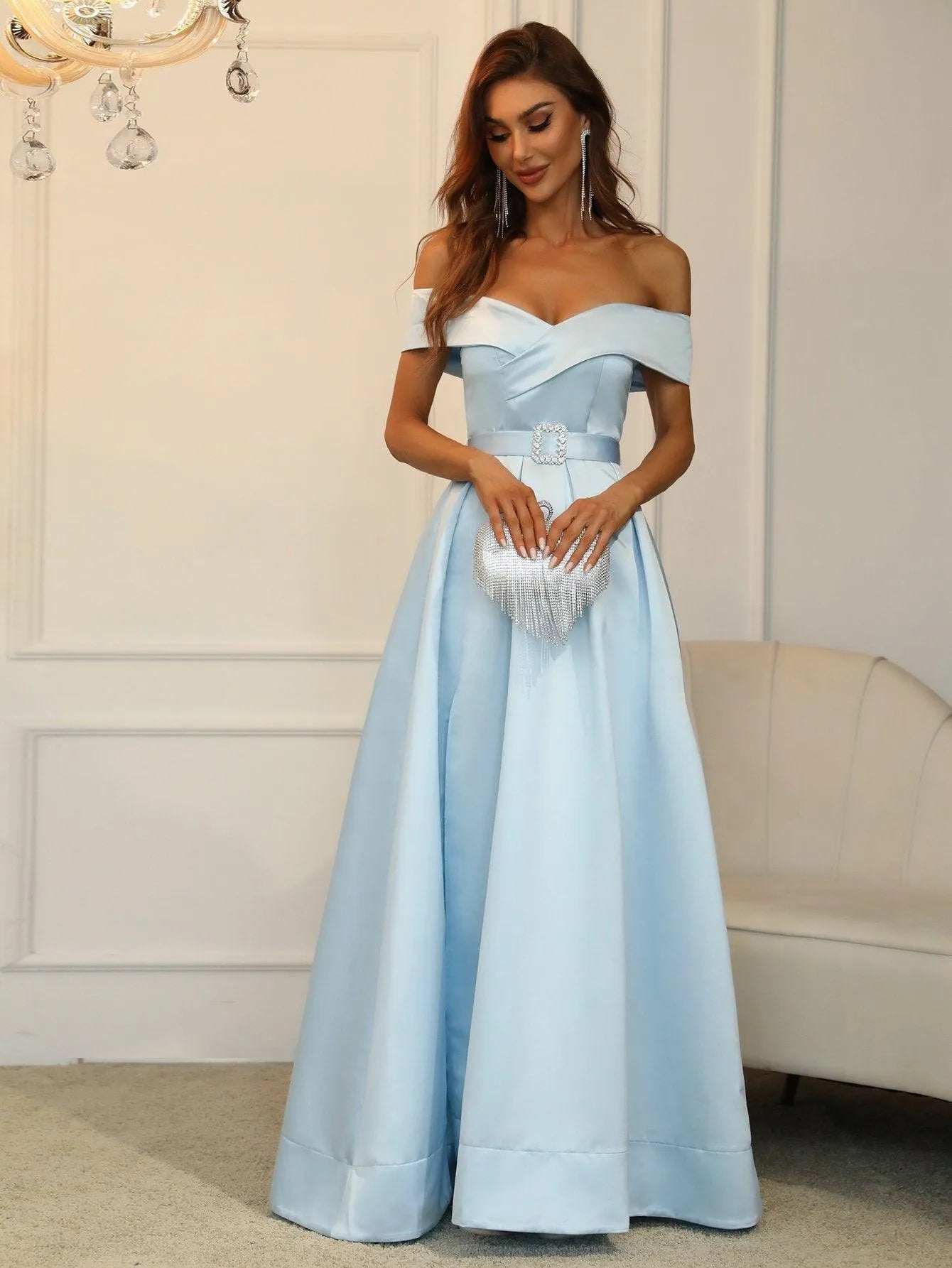 Off Shoulder Buckle Belted Satin Ball Gown