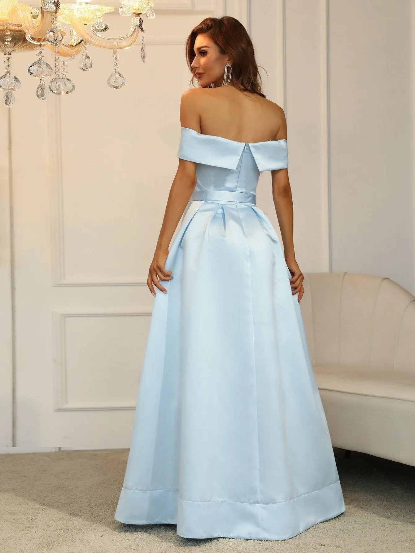 Off Shoulder Buckle Belted Satin Ball Gown