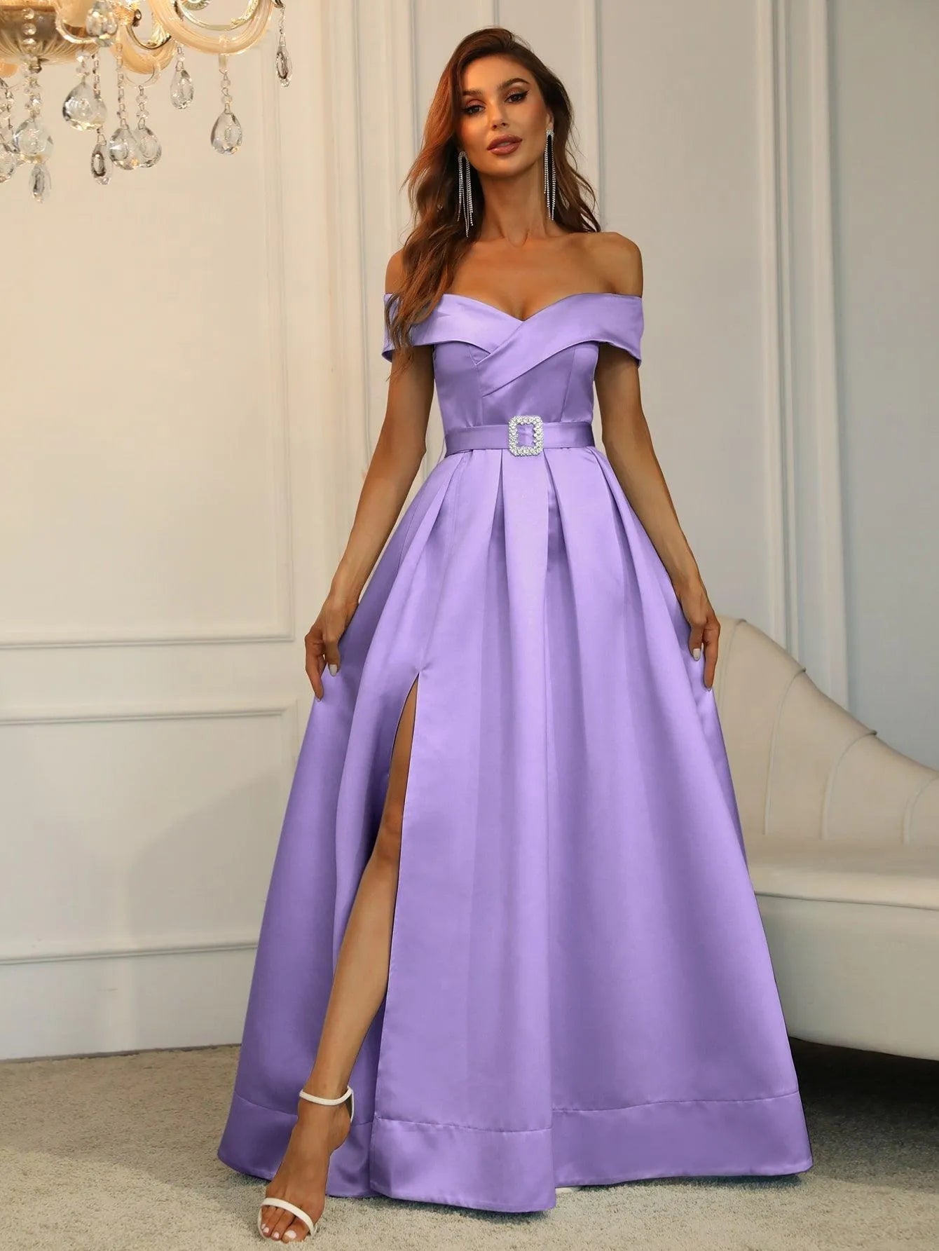 Off Shoulder Buckle Belted Satin Ball Gown