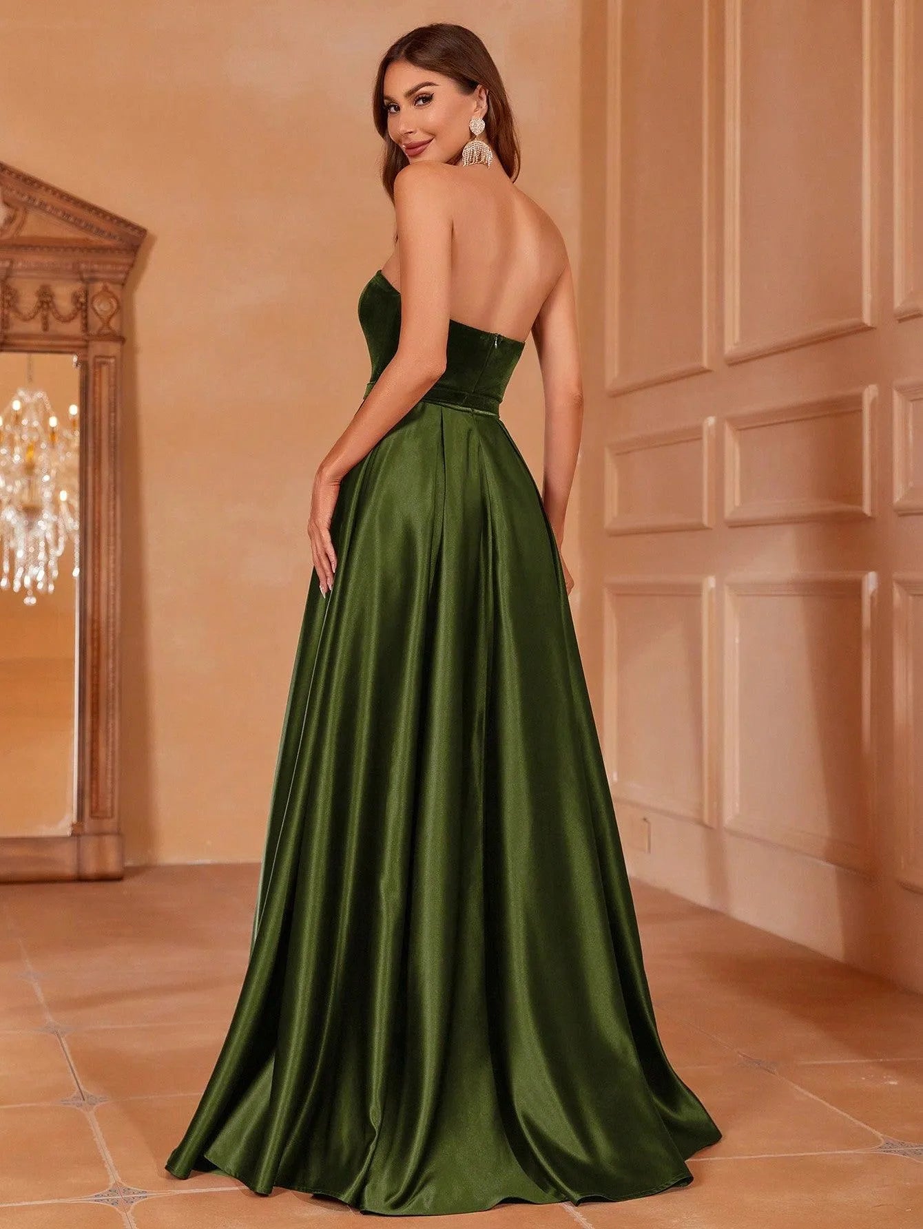 Velvet Bodice Contrast Satin Hem Tube Prom Dress