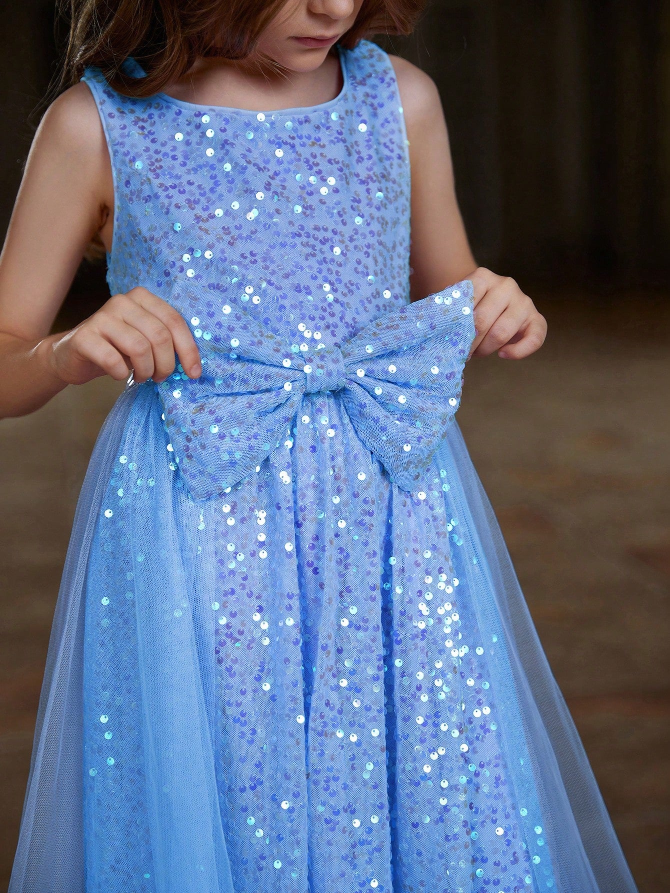 Tween Girls' Round Neck Sleeveless Mesh Overlay Sequin Dress