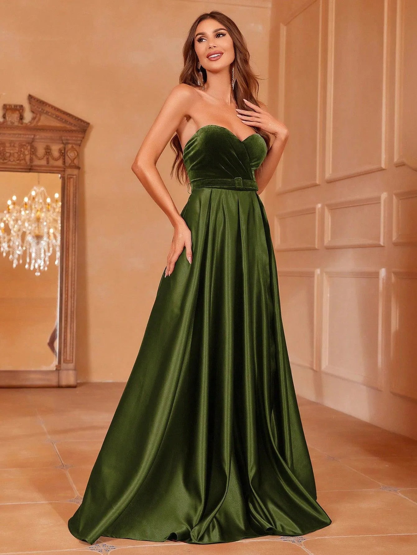 Velvet Bodice Contrast Satin Hem Tube Prom Dress