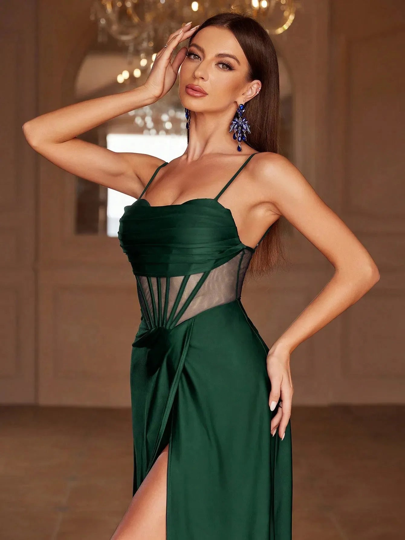 Elegant Solid Spaghetti Straps Split Thigh Bridesmaids Dress