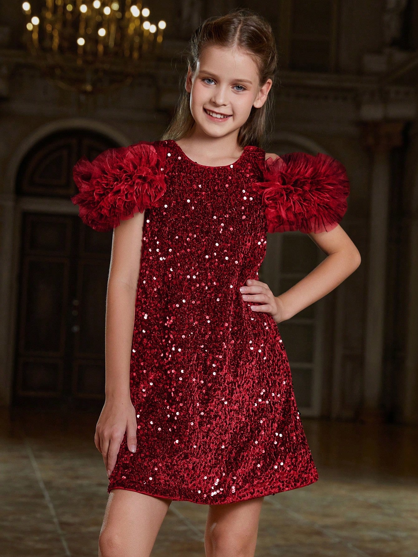 Tween Girls' Ruffle Trim Sequin Party Dress