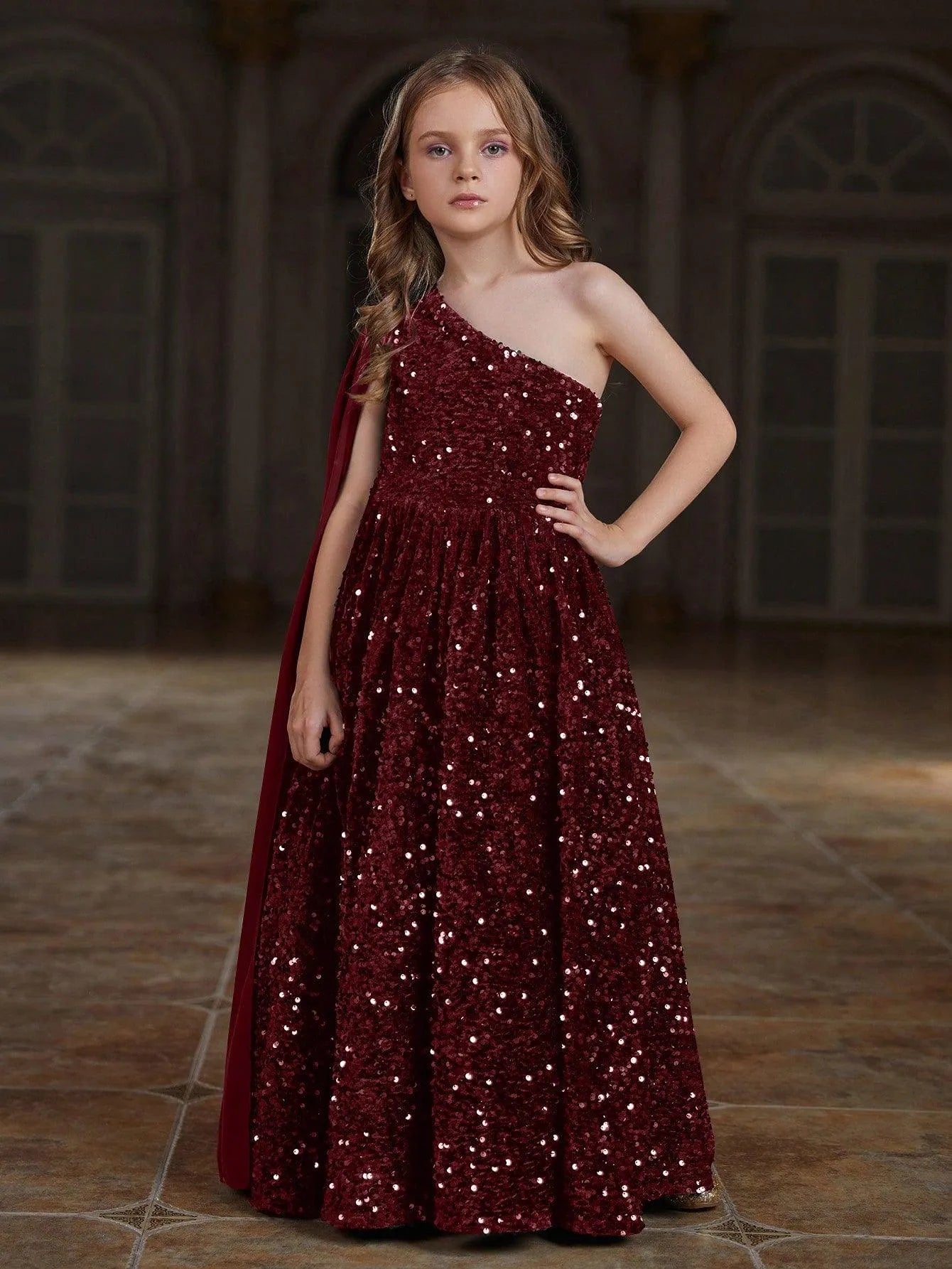 Tween Girls' One Shoulder Draped Side Sequin A-line Dress