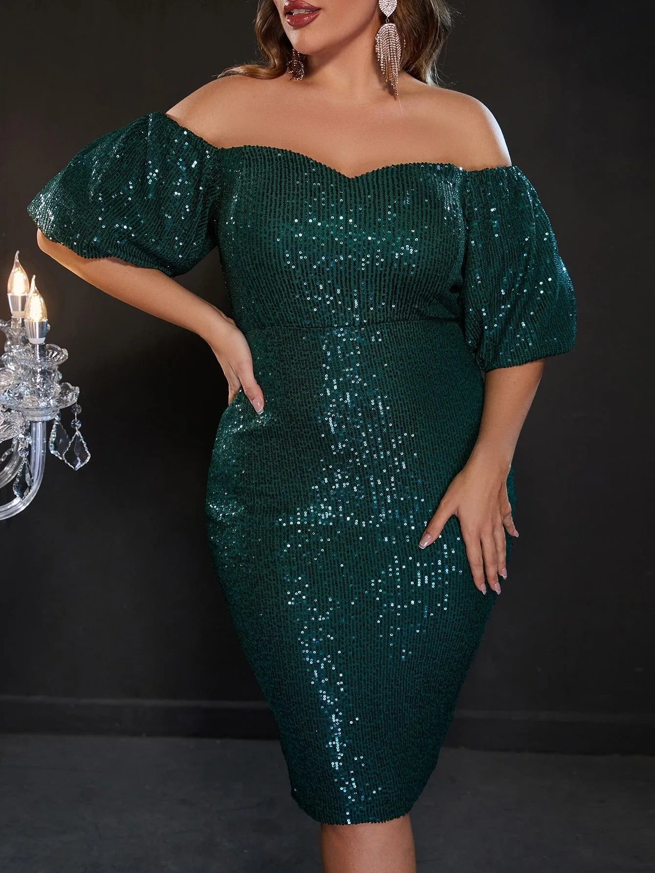 Plus Off Shoulder Puff Sleeves Sequin Midi Dress