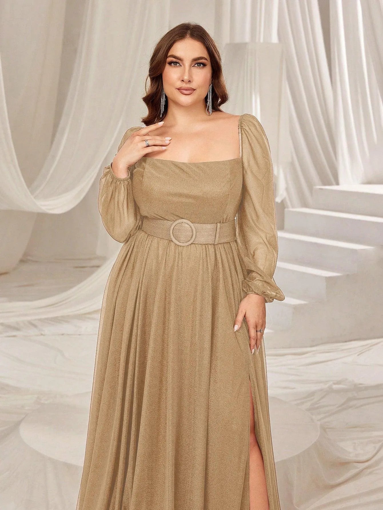 Plus Square Neck Lantern Sleeves Split Thigh Evening Dress