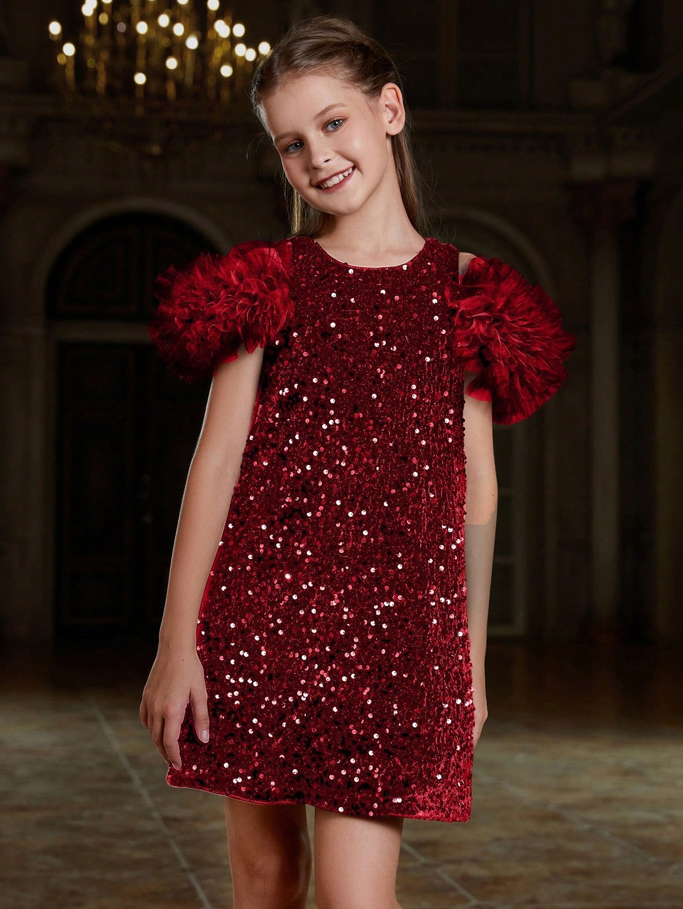 Tween Girls' Ruffle Trim Sequin Party Dress