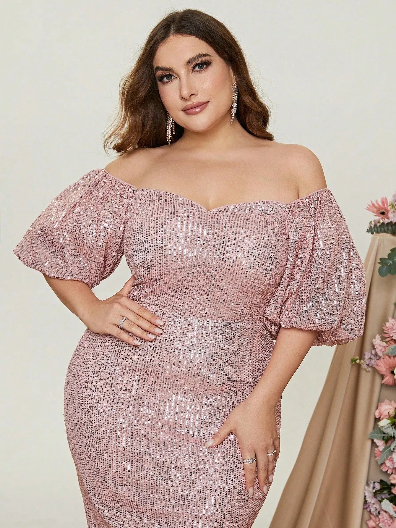 Plus Off Shoulder Puff Sleeves Sequin Midi Dress