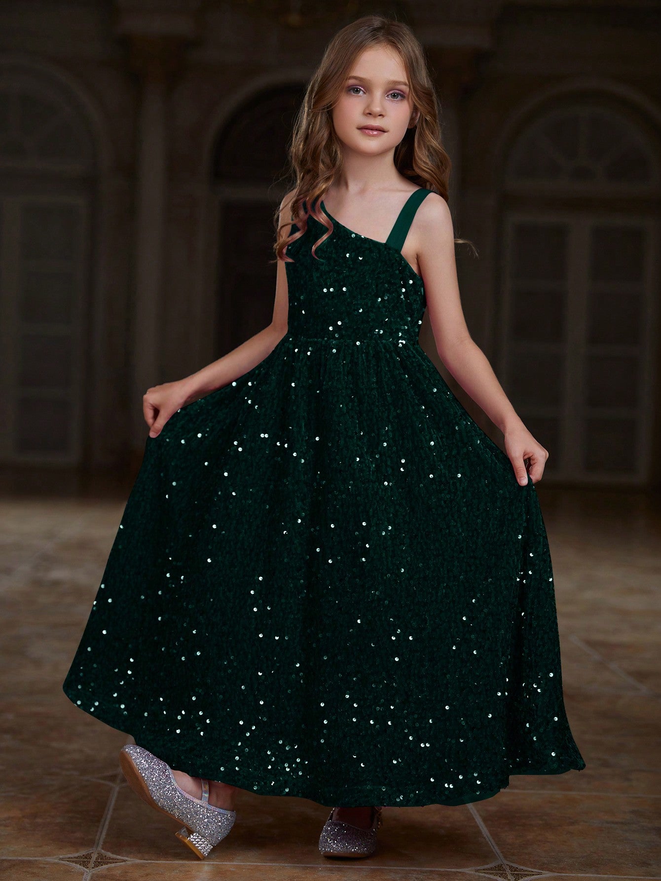 Tween Girls' Asymmetrical Neckline Sleeveless Sequin Party Dress