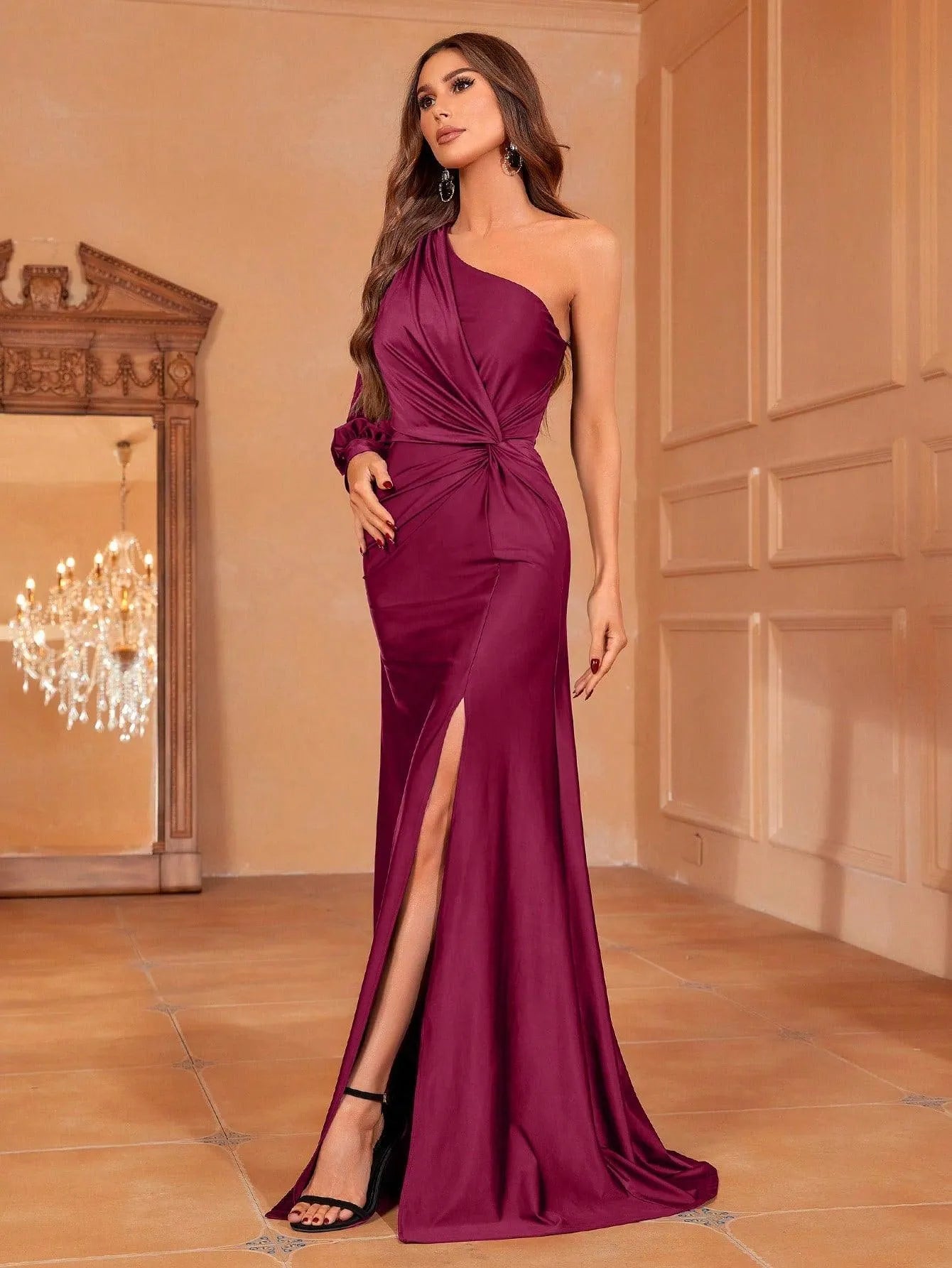 One Shoulder Twist Front Split Formal Dress