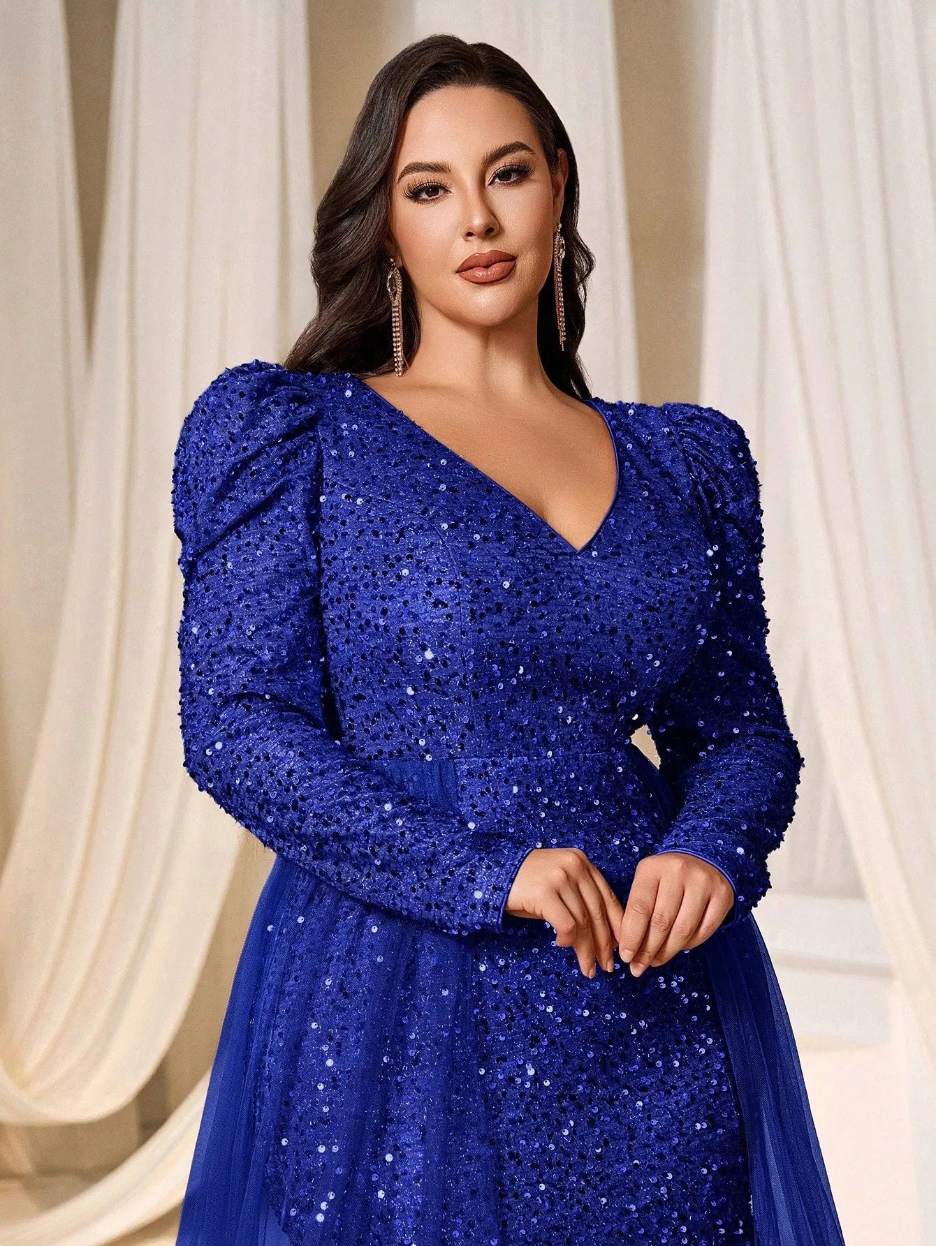 Plus Gigot Sleeves Split Mermaid Hem Sequin Formal Dress