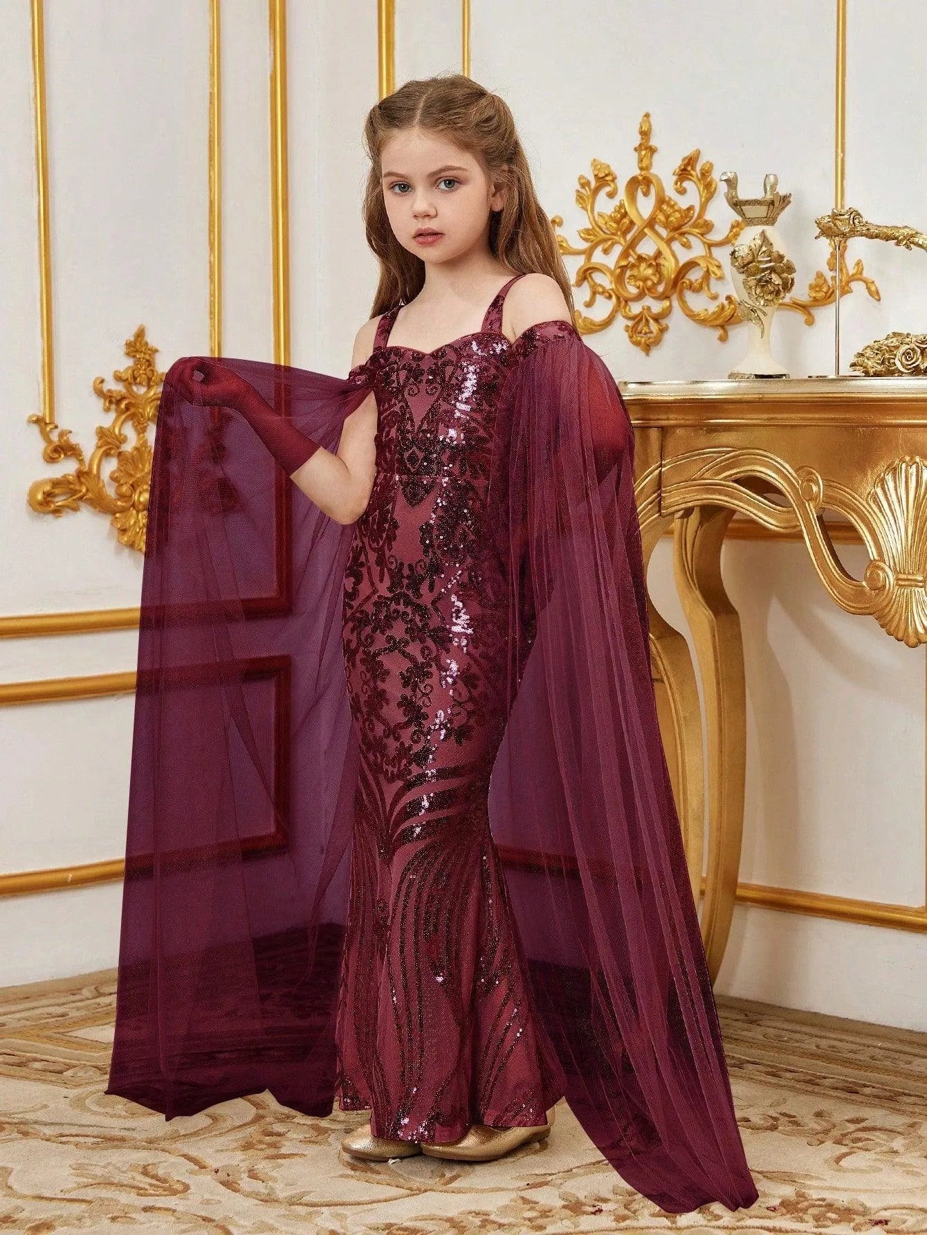 Tween Girls' Off Shoulder Cloak Sleeves Graphic Sequin Mermaid Dress