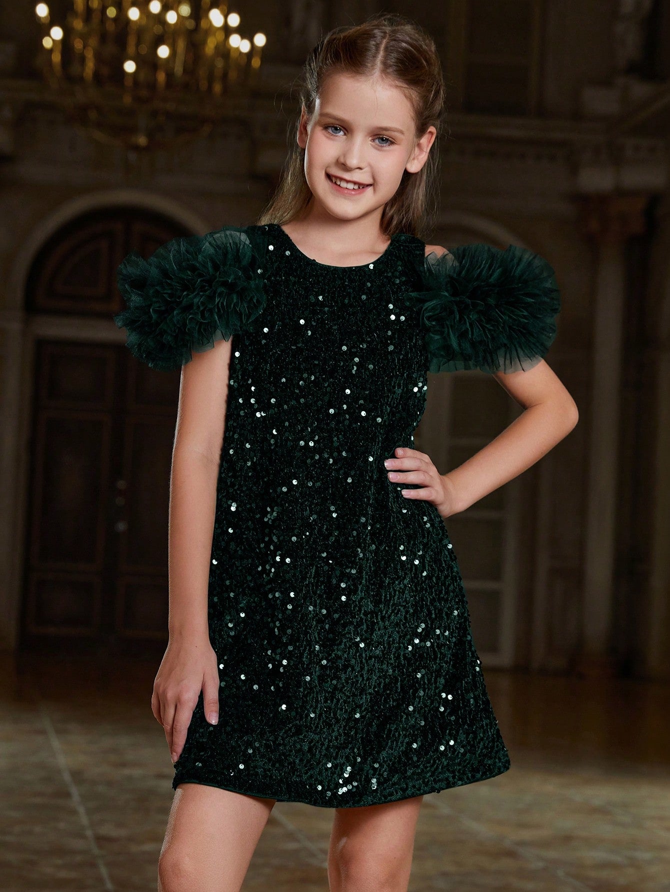 Tween Girls' Ruffle Trim Sequin Party Dress