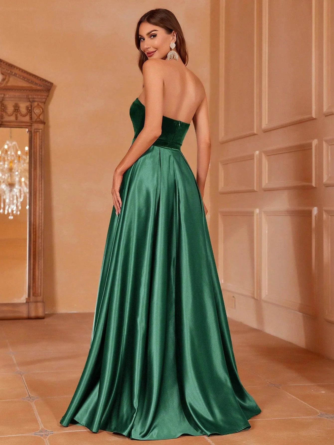 Velvet Bodice Contrast Satin Hem Tube Prom Dress