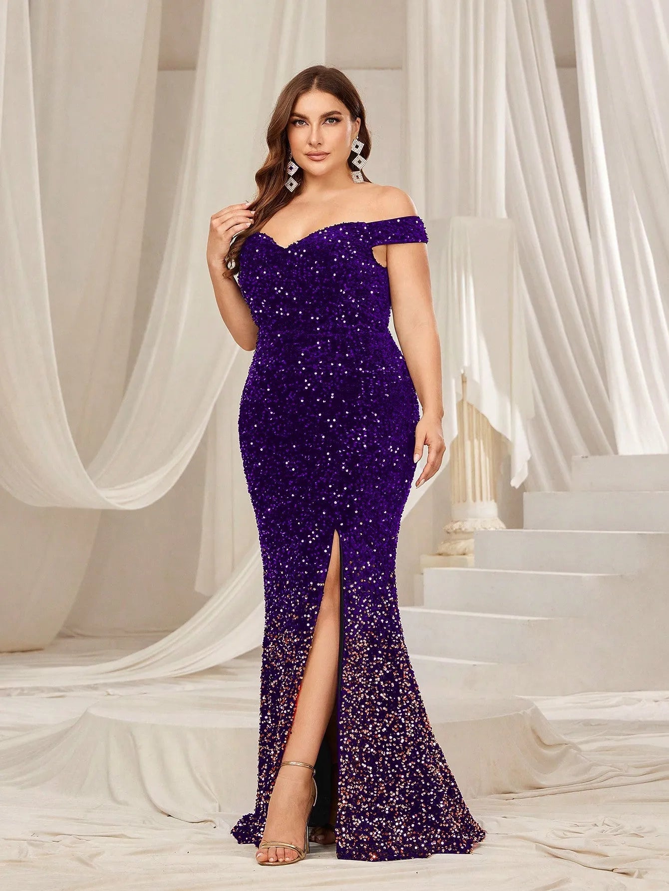 Plus Off Shoulder Split Mermaid Hem Ombre Sequin Evening Dress