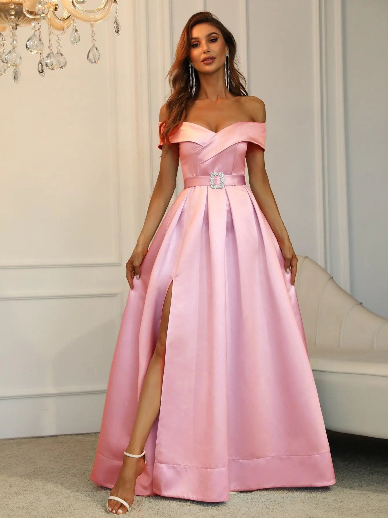 Off Shoulder Buckle Belted Satin Ball Gown