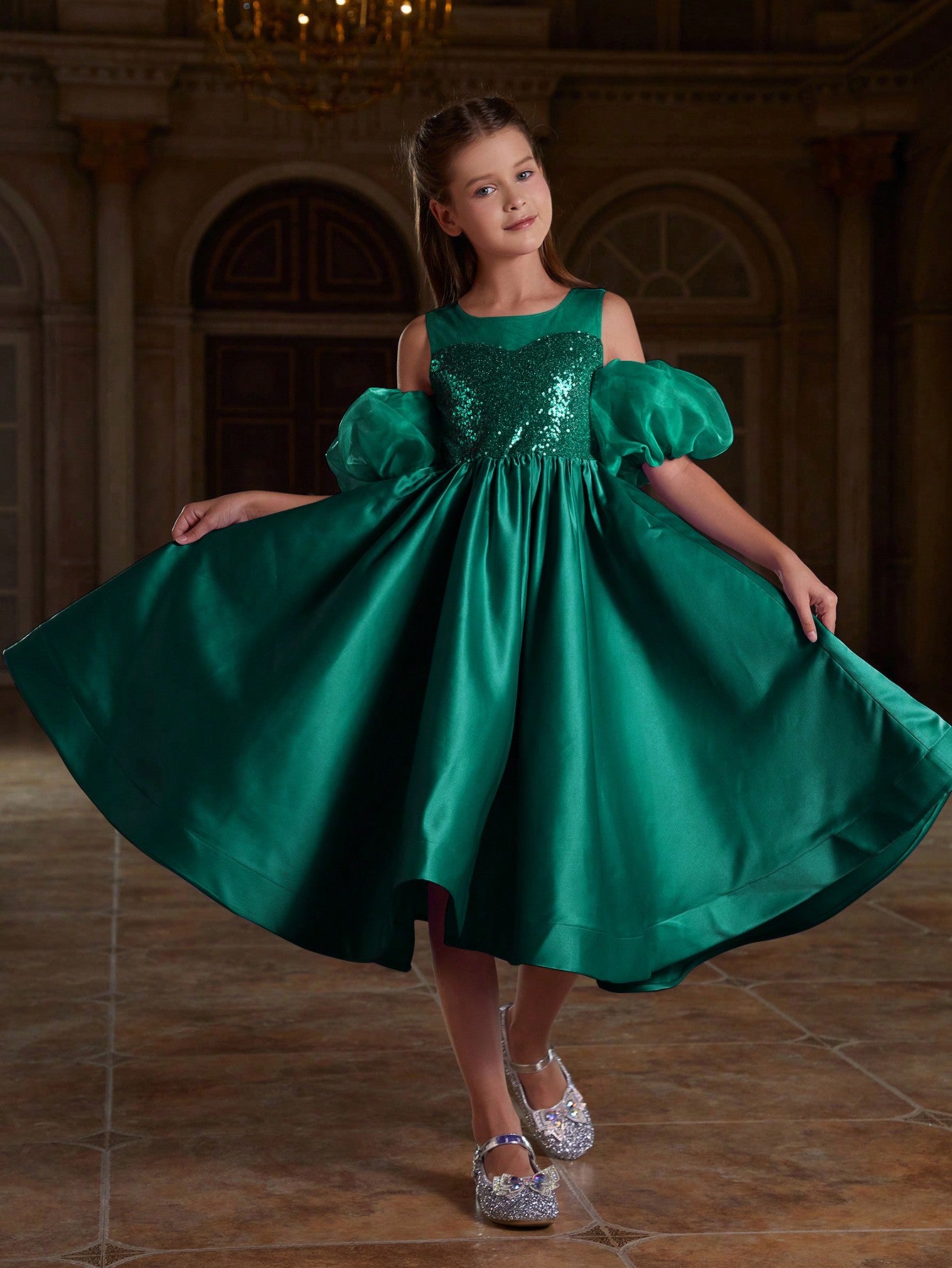 Girl's Puff Sleeve Sequin Contrast Satin Dress