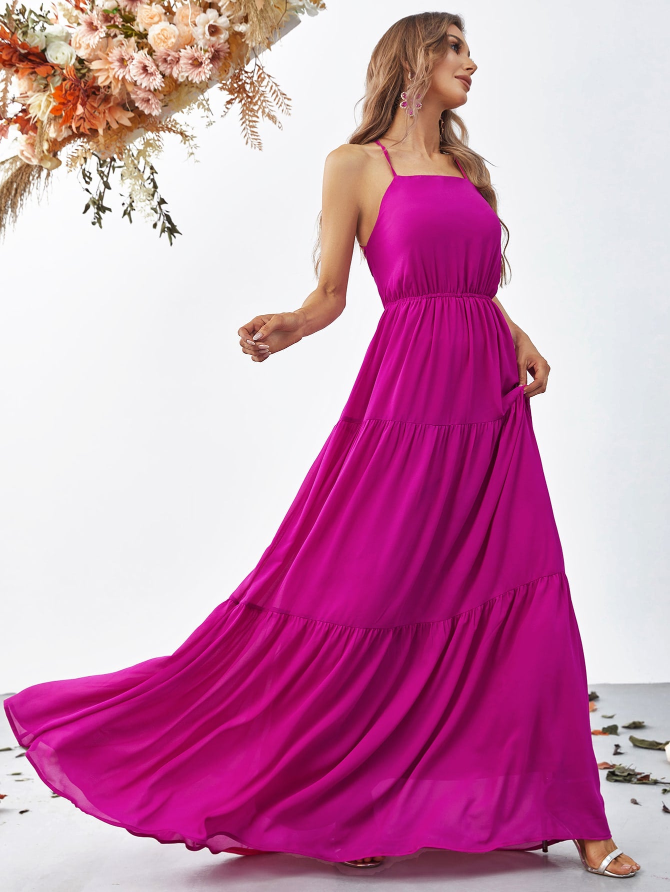 Back Lace Up Chiffon Tiered Maxi Dress