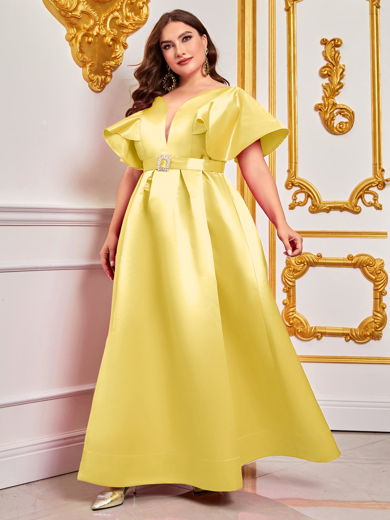 Plus Rhinestone Detail Belted Ruffle Sleeve Satin Dress