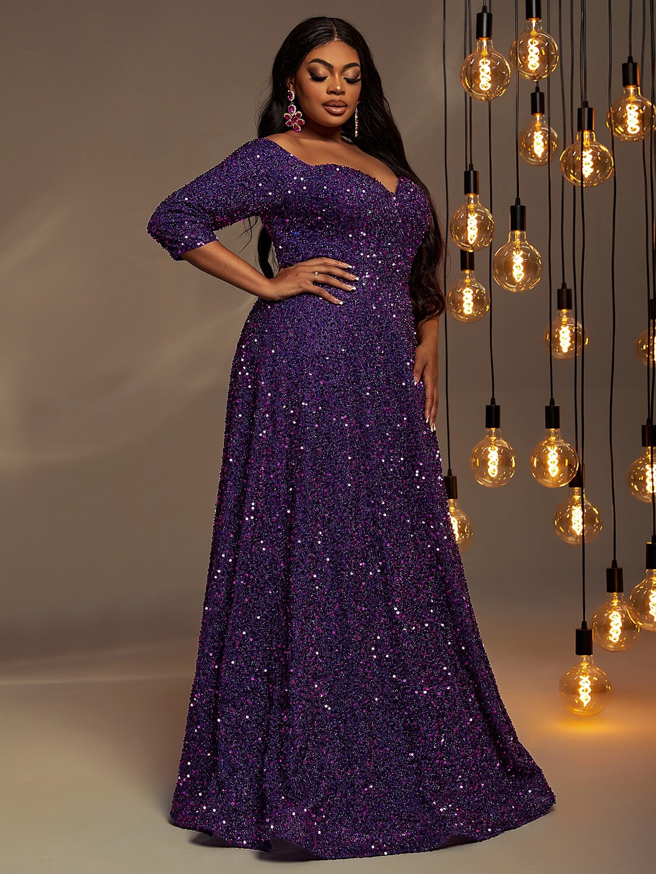 Plus 3/4 Sleeve Off Shoulder Sequin A Line Dresses