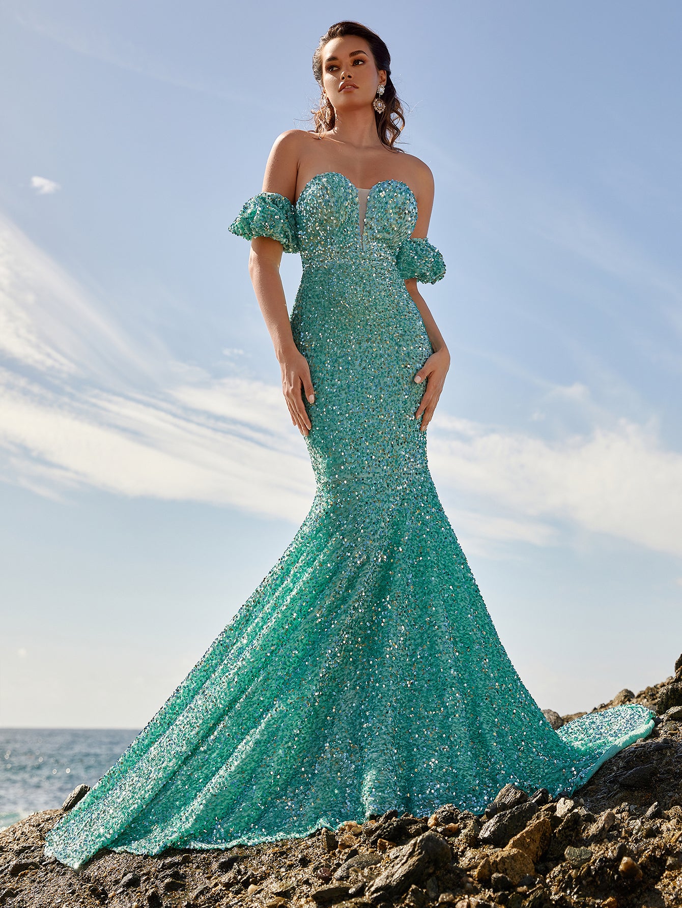 Elegant Off Shoulder Puff Sleeve Sequin Mermaid Dresses