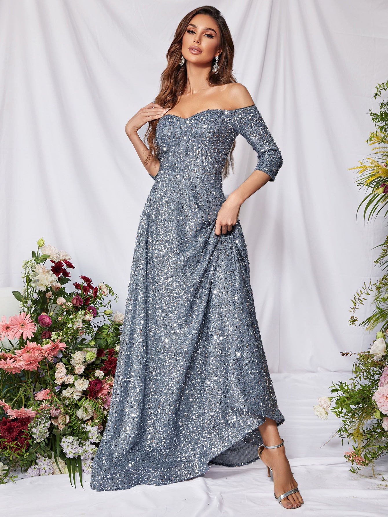 3/4 Sleeve Off Shoulder Sequin A Line Dresses