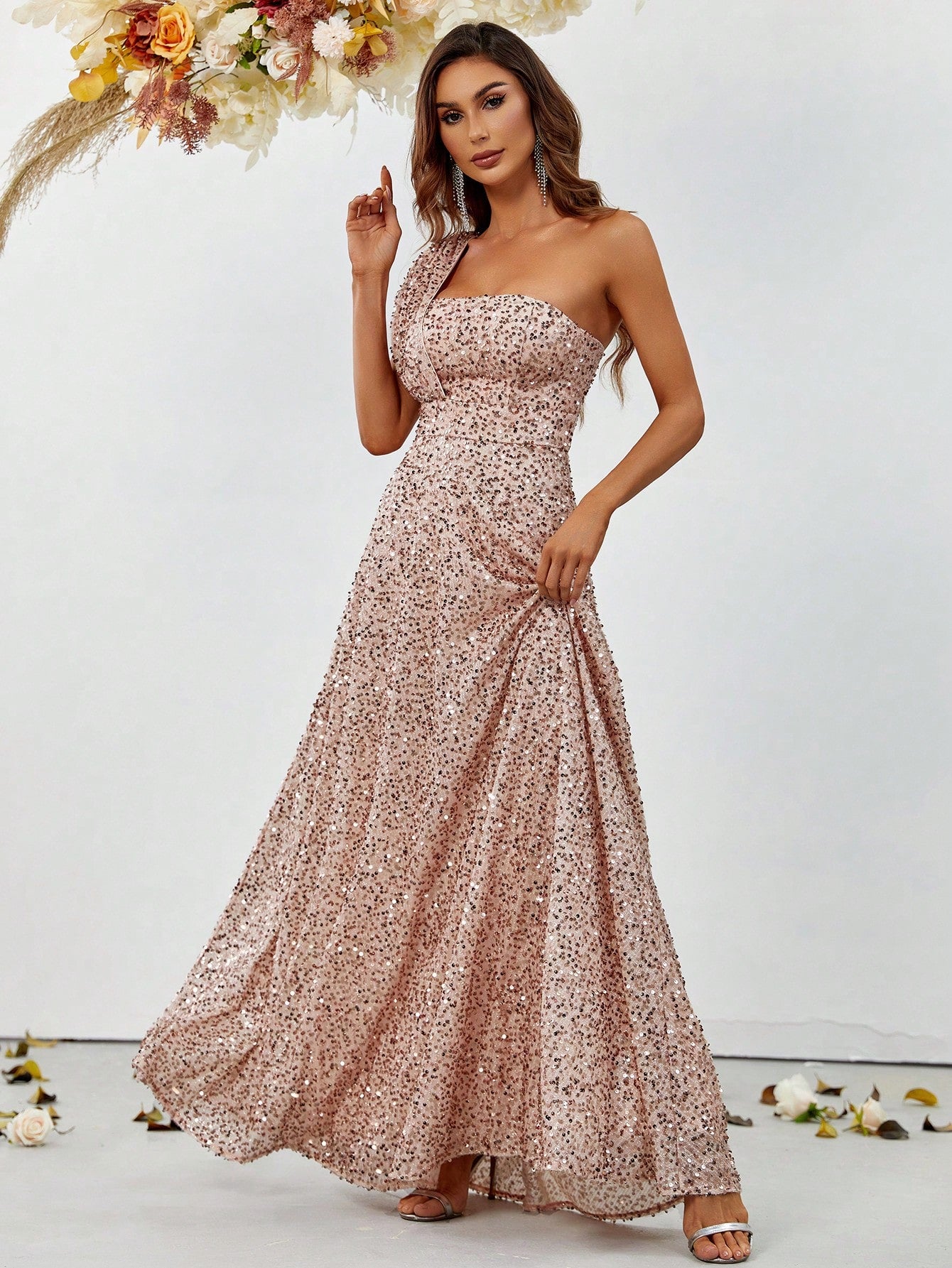 Elegant One Shoulder Sequin A Line Dresses