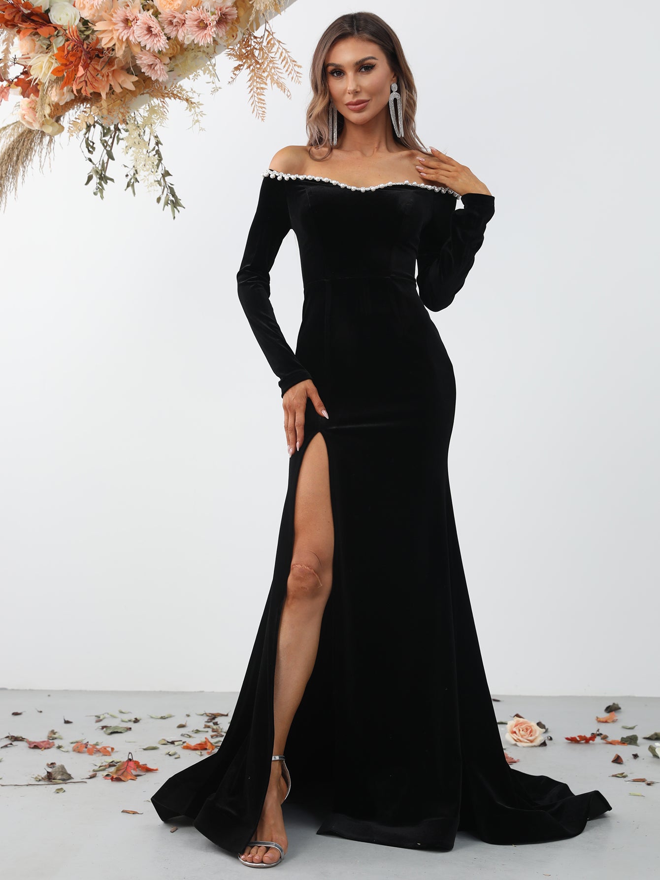 Elegant Off Shoulder Long Sleeve Slit Mermaid Dresses