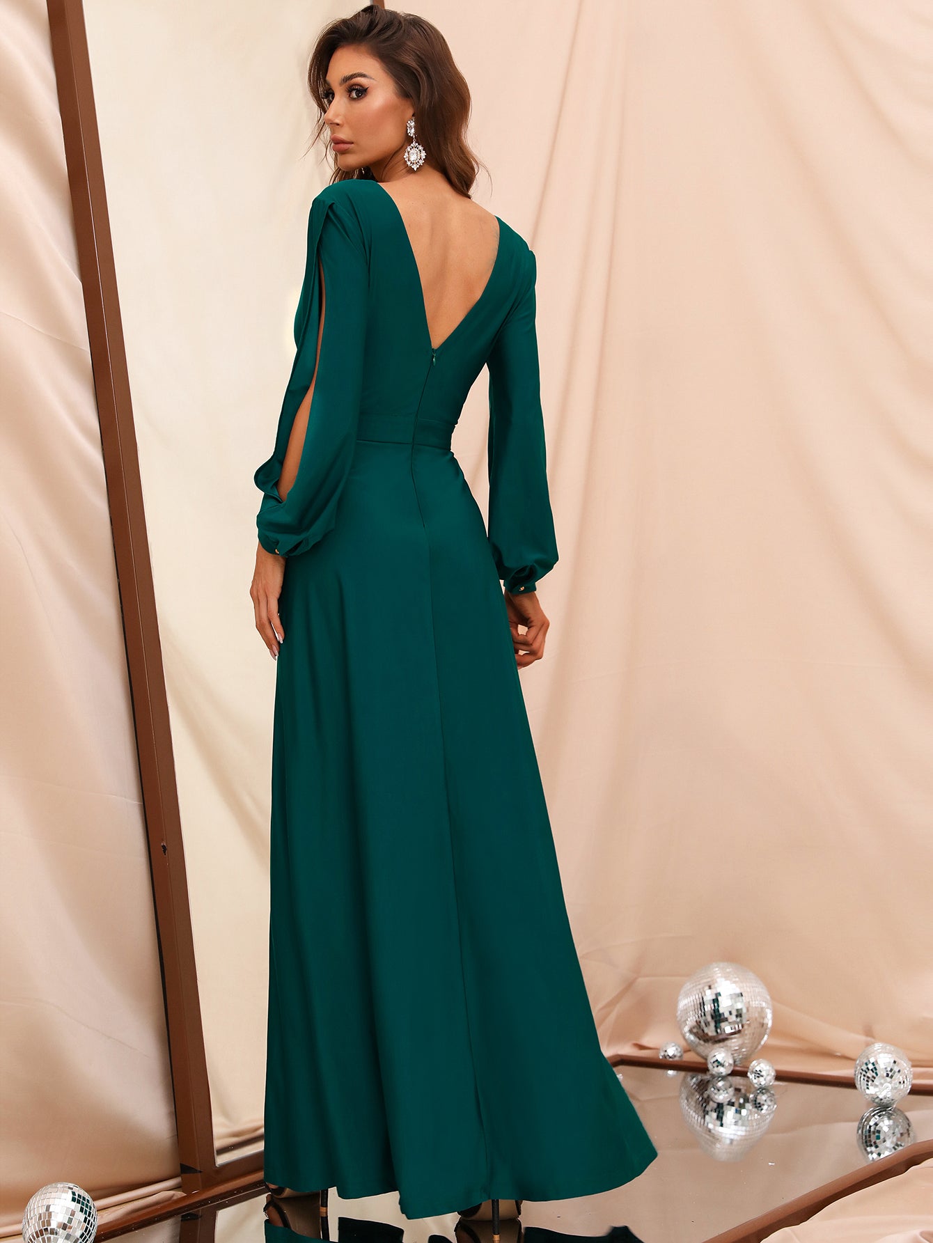 V Neck Long Sleeve High Slit A-Line Gown