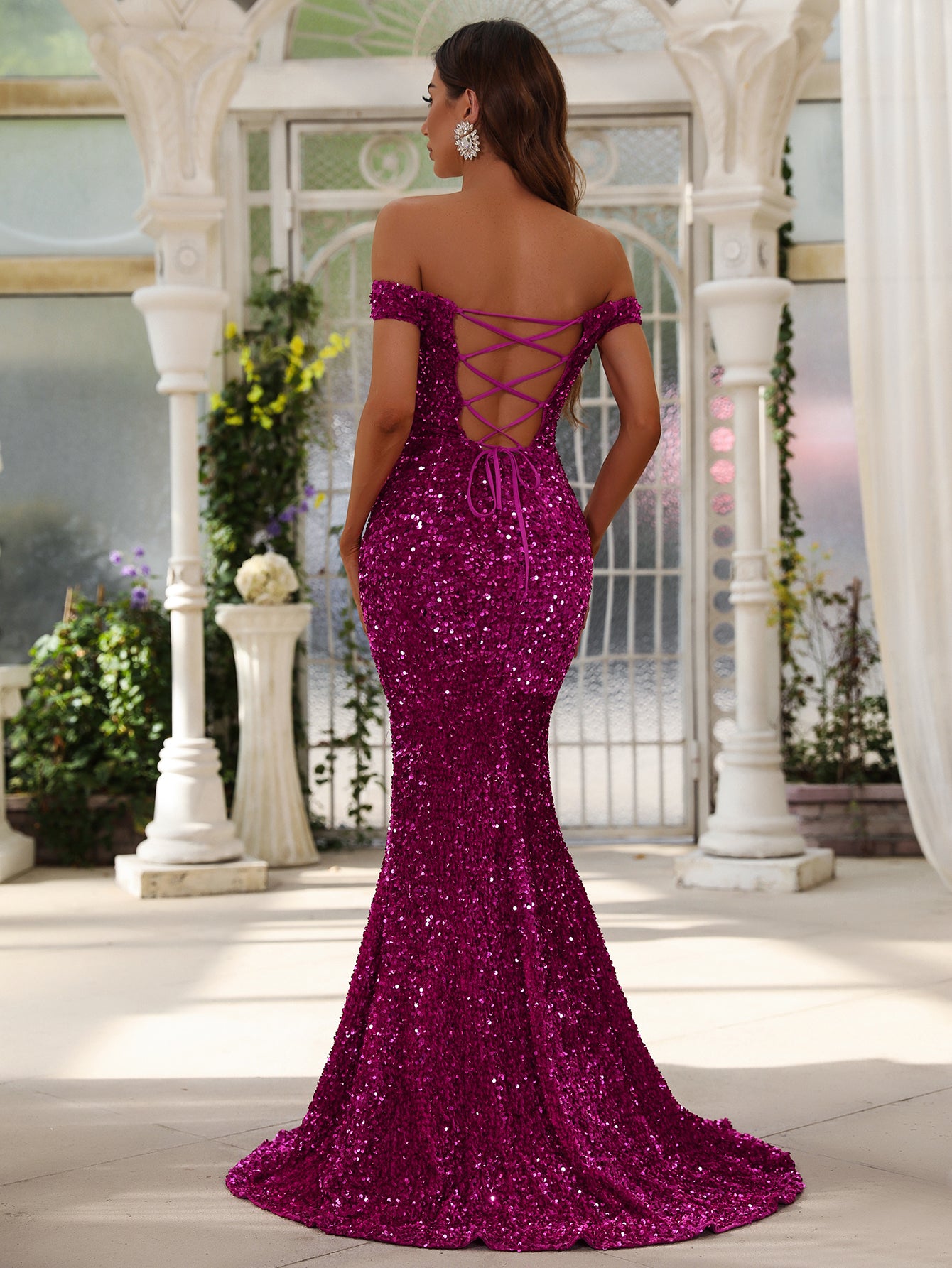 Elegant Off Shoulder Short Sleeve Sequin Slit Mermaid Dresses