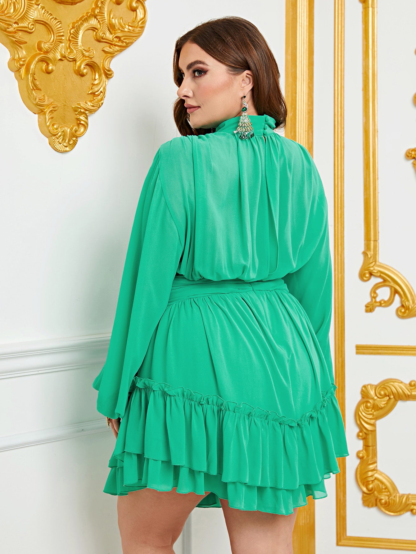 Plus Mock Neck Lantern Sleeve Ruffle Hem Chiffon Dress