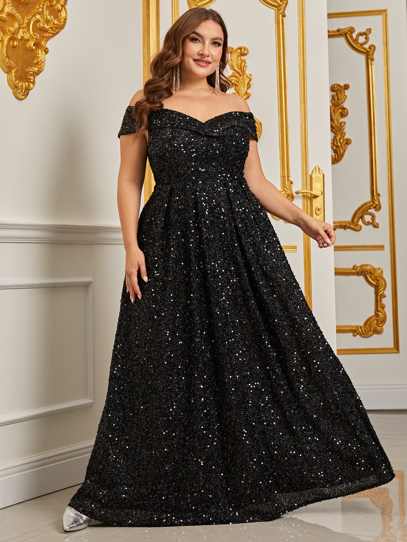 Plus Size Off Shoulder Sequin A Line Dress