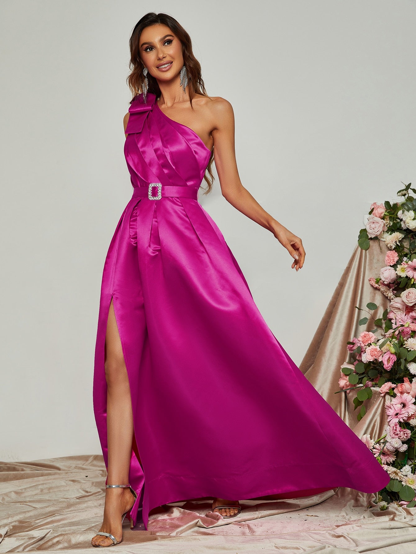 Elegant One Shoulder Sleeveless Satin A line Dresses