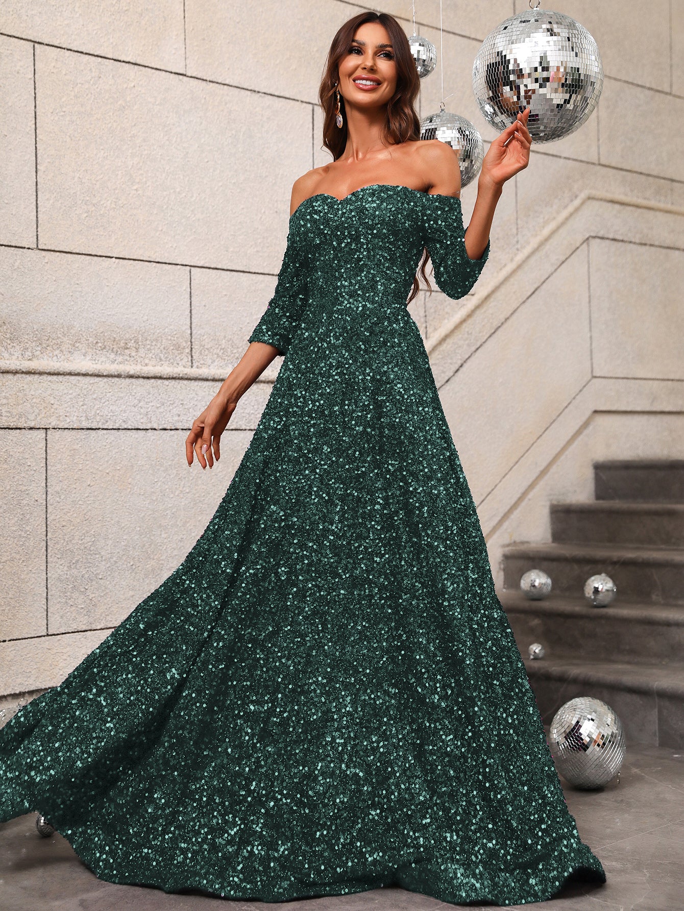 3/4 Sleeve Sweetheart Sequin A Line Dresses