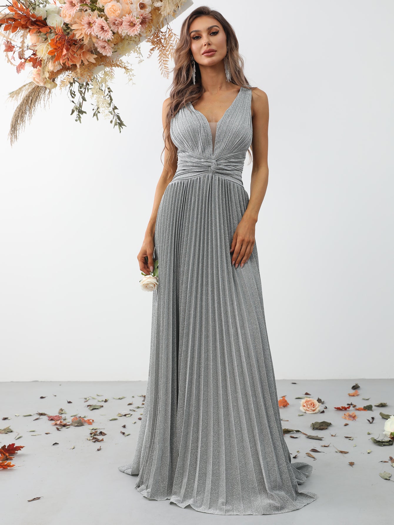 Glitter V Neck Sleeveless Maxi A Line Pleated Gown