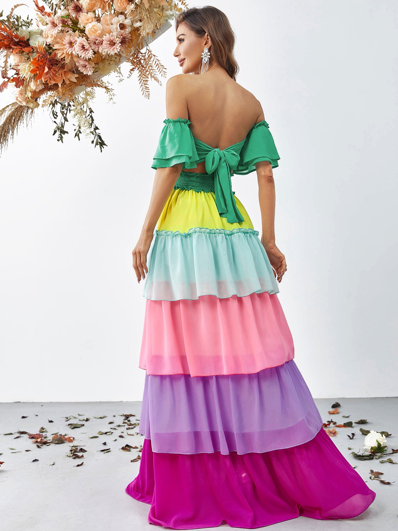 Off Shoulder Ruffle Sleeve Color Block Chiffon Layered Dresses