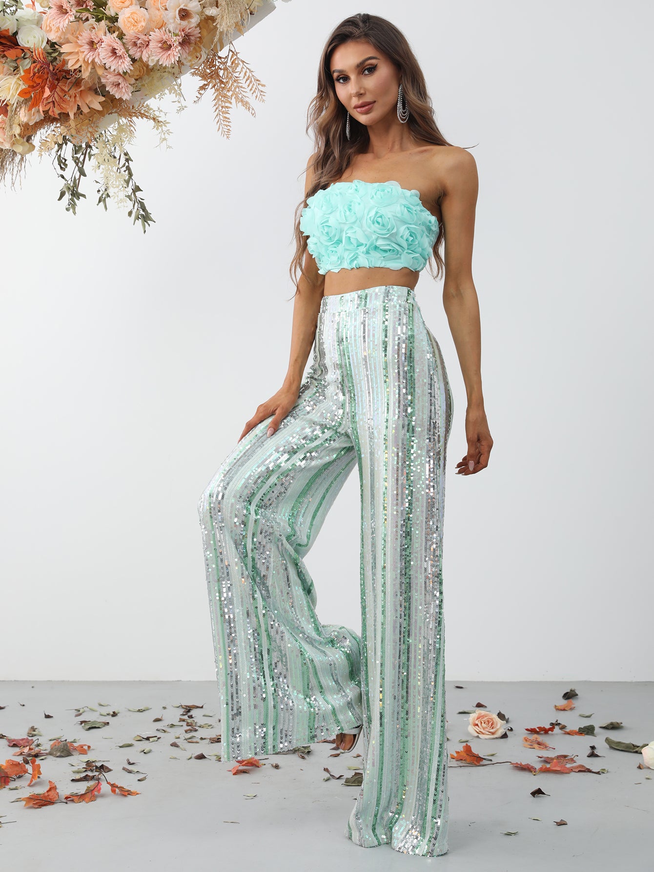 3D Flower Tube Top & Sequin Wide Leg Pants