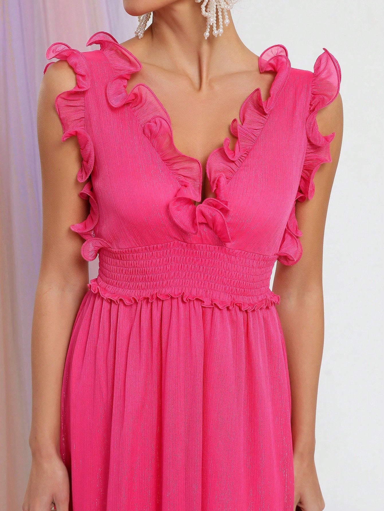 V Neck Sleeveless Ruffle Trim Chiffon A Line Dresses