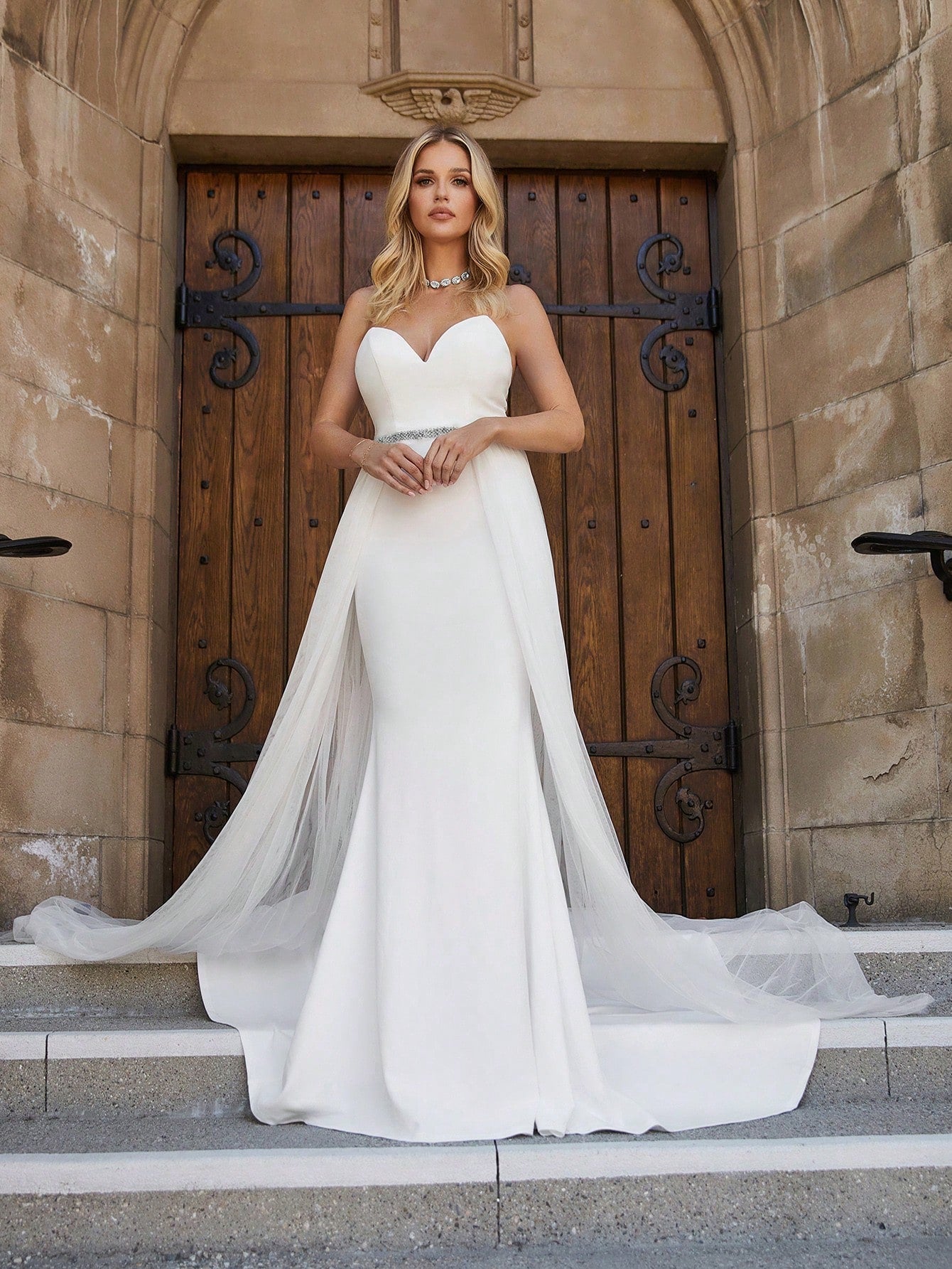 Mesh Overlay Rhinestone Waistband Tube Wedding Dress