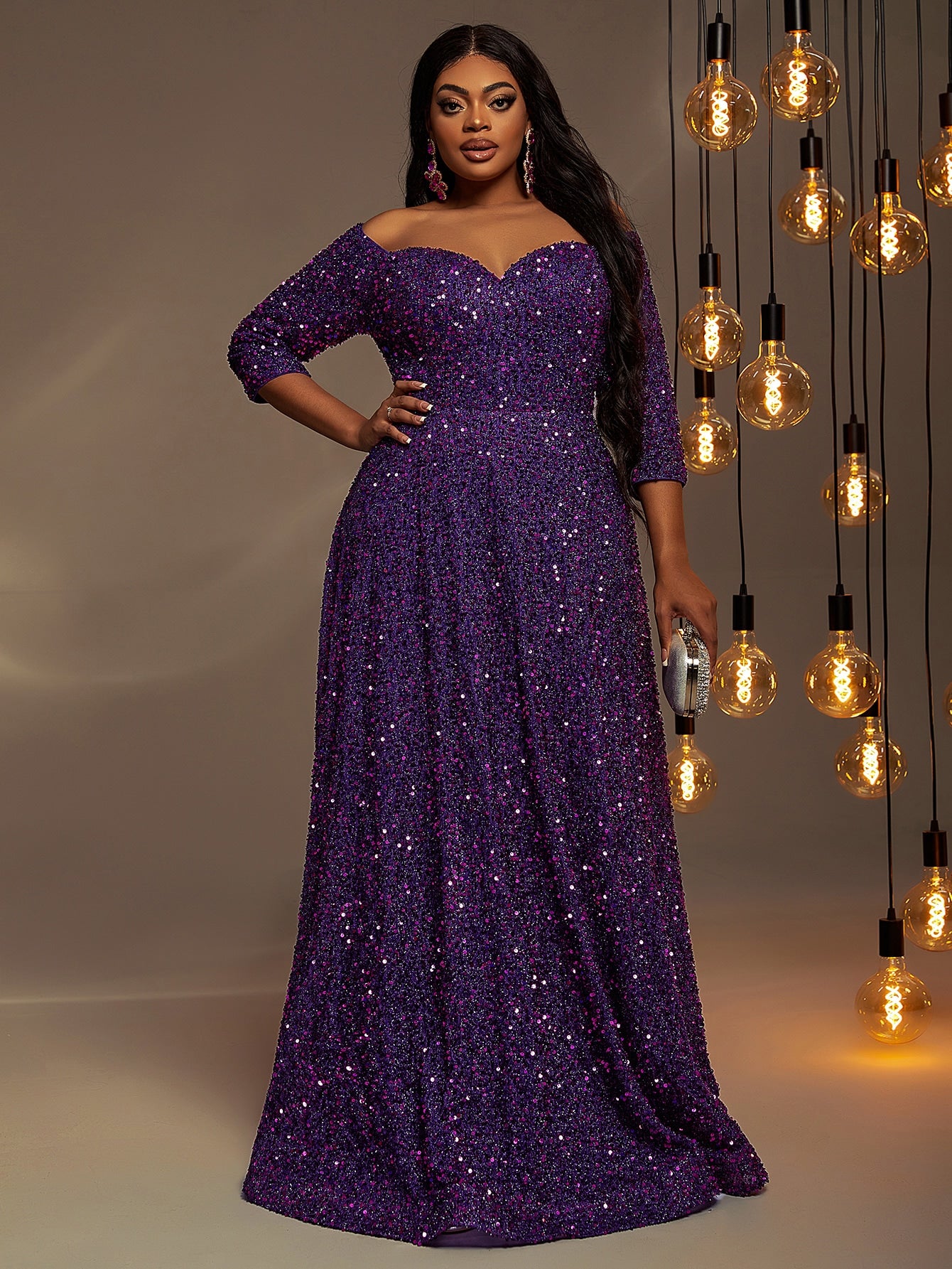 Plus 3/4 Sleeve Off Shoulder Sequin A Line Dresses