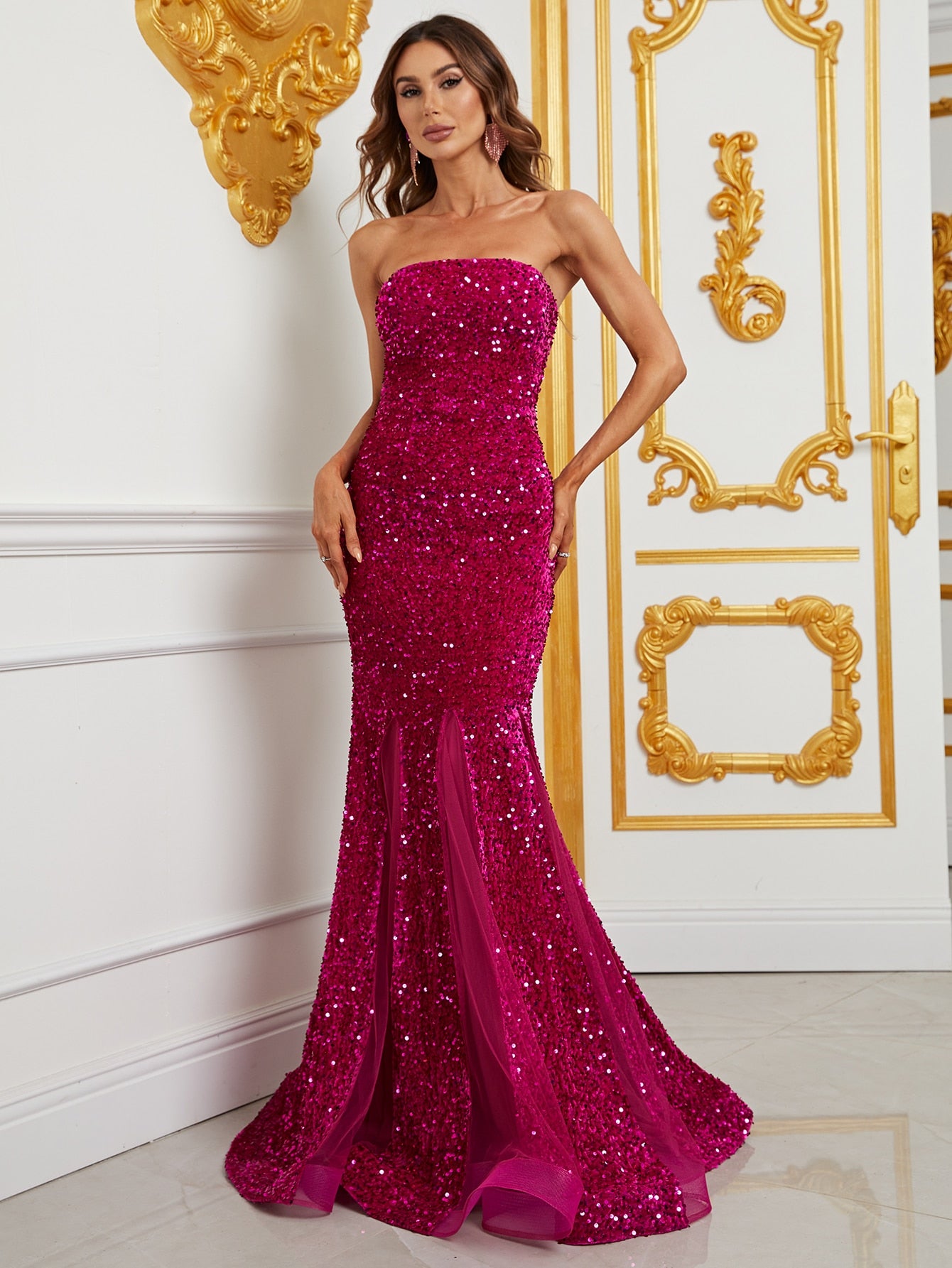 Elegant Tube Sleeveless Mesh Insert Sequin Mermaid Dress