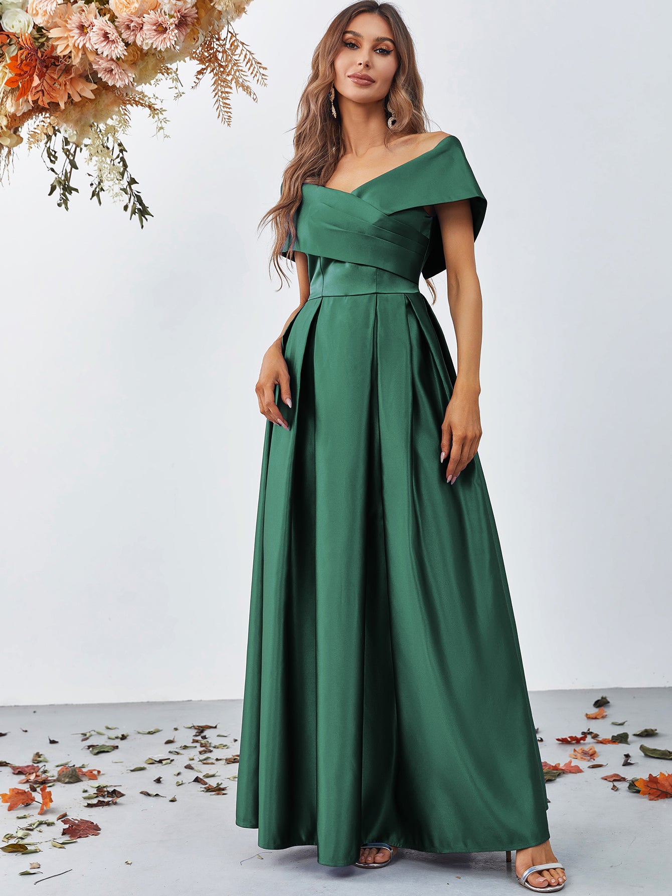 Fold Pleated Detail Off Shoulder Satin A Line Dress