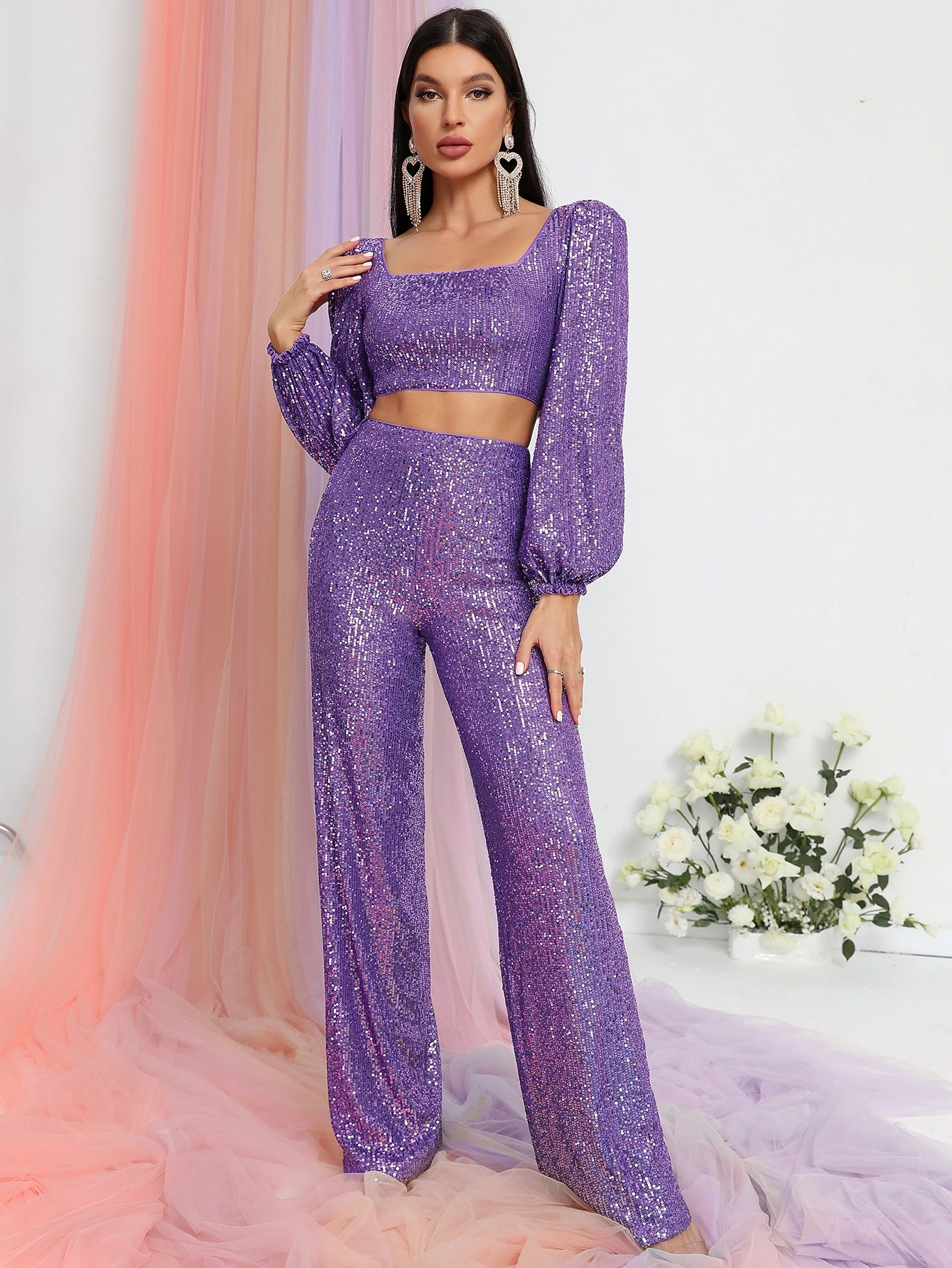 Elegant Long Sleeve Two Piece Sequin Set